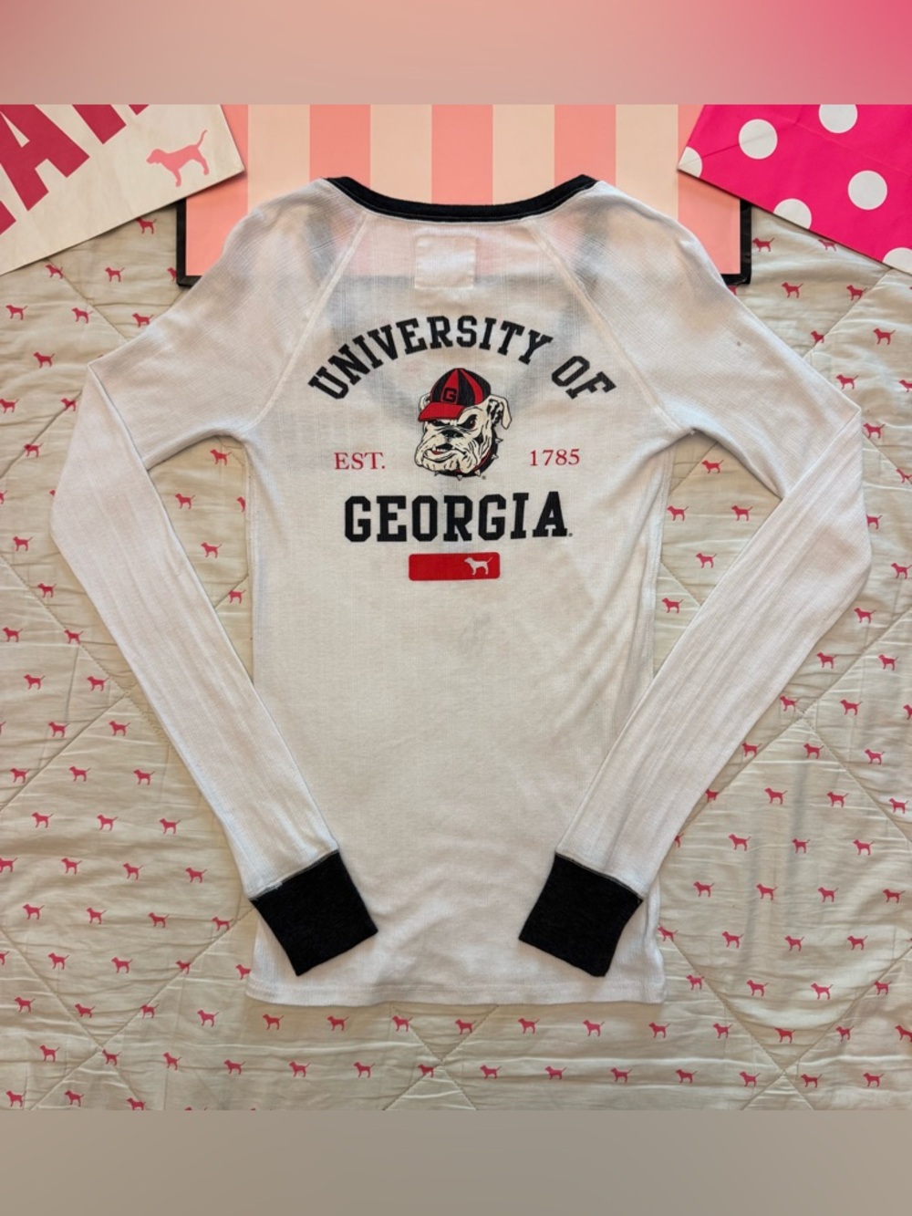 VS PINK VINTAGE Y2K POINTELLE THERMAL HENLEY UGA UNIVERSITY OF GEORGIA BULLDOGS